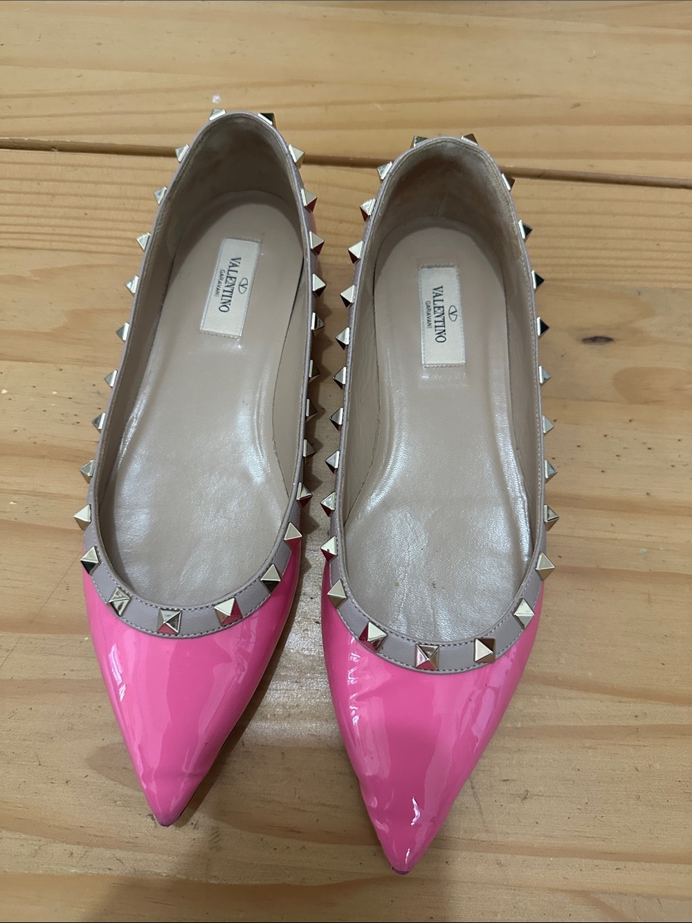Valentino Pink Patent Leather Rockstud Pointed Flats